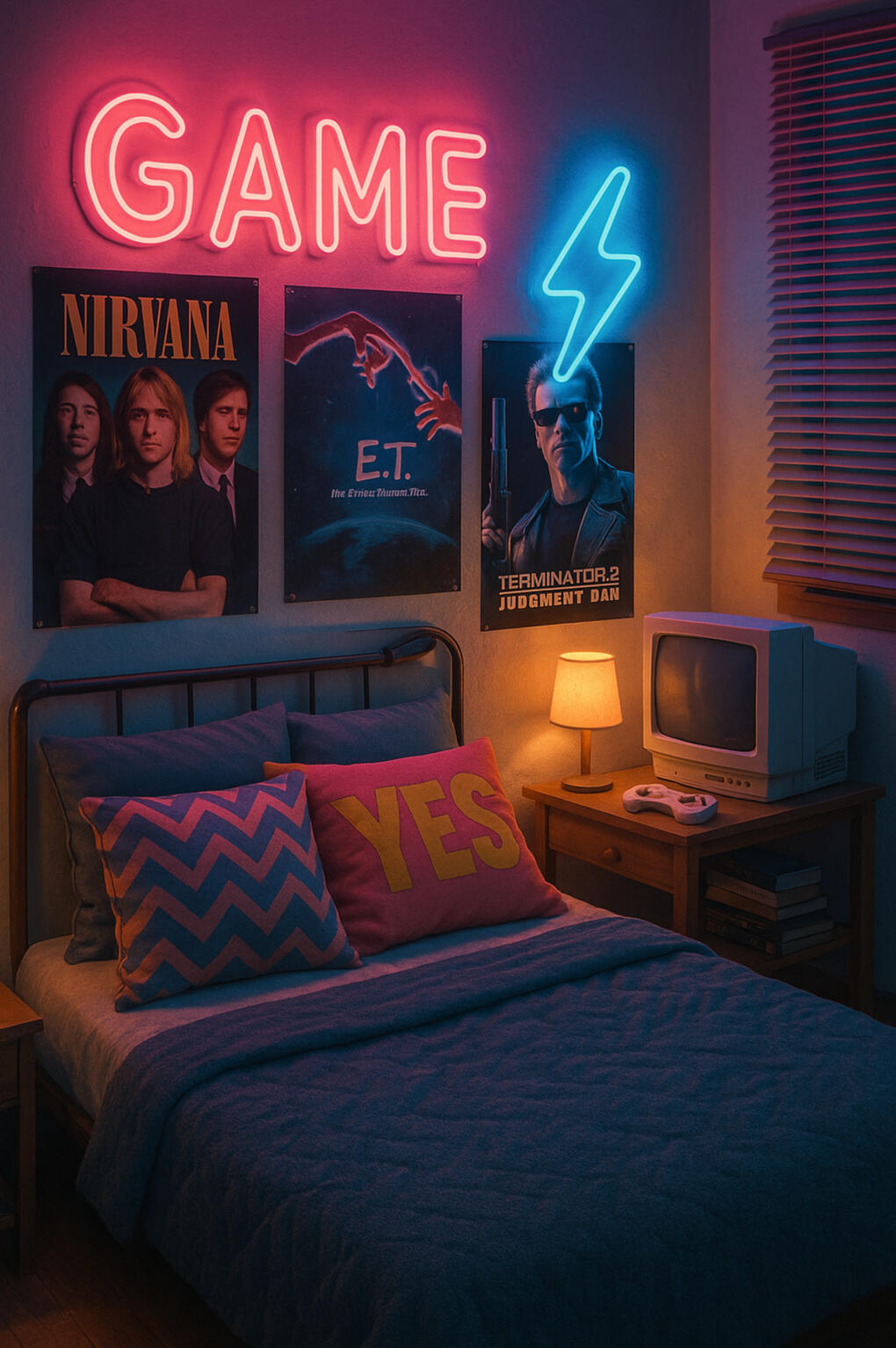A cozy 90s bedroom setup with neon lights, posters, and throw pillows A cozy 90s bedroom setup with neon lights, posters, and throw pillows